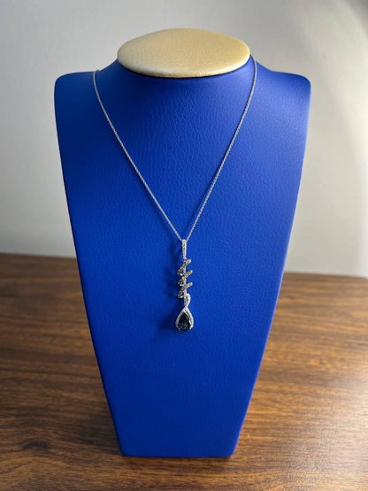 Small Blue Sapphire Pear Drop Diamond Halo Spiral White Gold Pendant Necklace