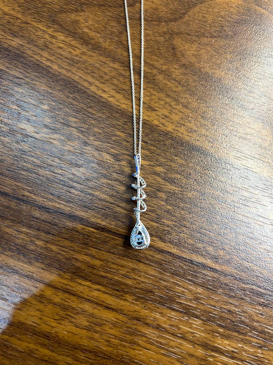 Small Blue Sapphire Pear Drop Diamond Halo Spiral White Gold Pendant Necklace