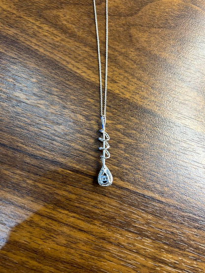 Small Blue Sapphire Pear Drop Diamond Halo Spiral White Gold Pendant Necklace
