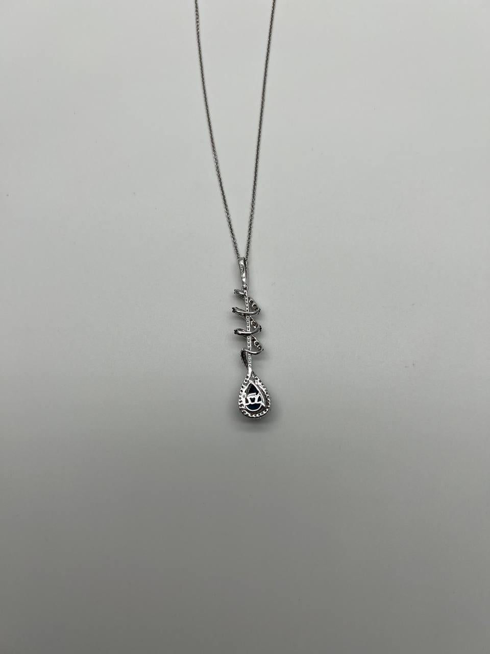 Small Blue Sapphire Pear Drop Diamond Halo Spiral White Gold Pendant Necklace