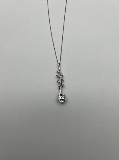 Small Blue Sapphire Pear Drop Diamond Halo Spiral White Gold Pendant Necklace