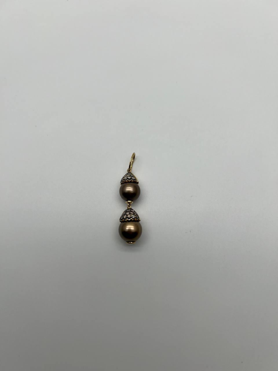 Two Tahitian Black Brown Pearls 18K Yellow Gold Brown Diamond Pave Charm Pendant