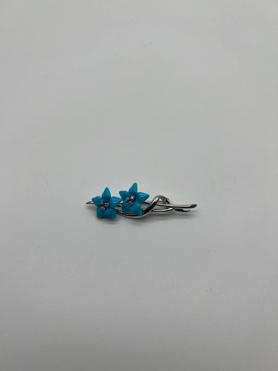 Teal Blue Turquoise Caved Floral Flower Diamonds 14K White Gold Pin Brooch