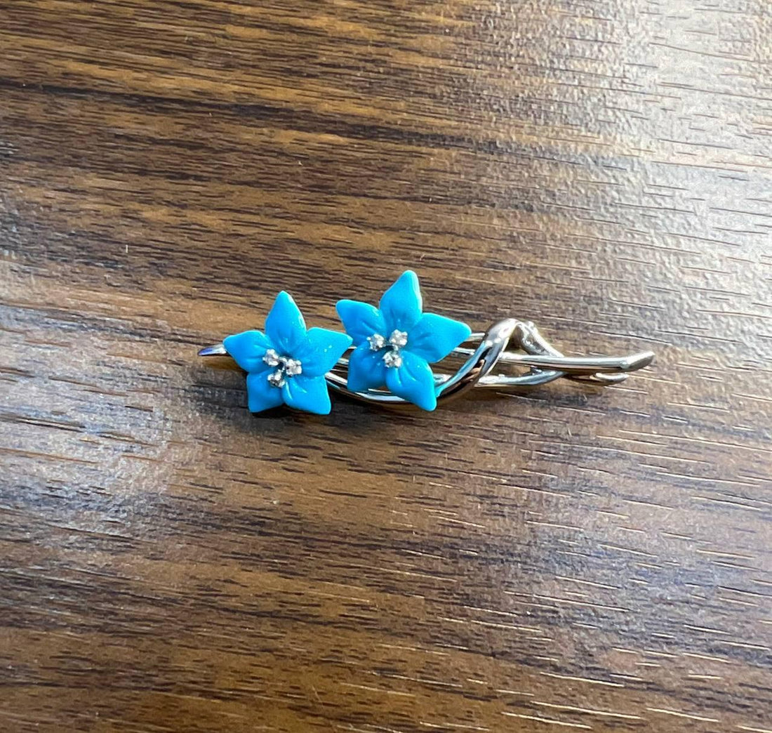 Teal Blue Turquoise Caved Floral Flower Diamonds 14K White Gold Pin Brooch