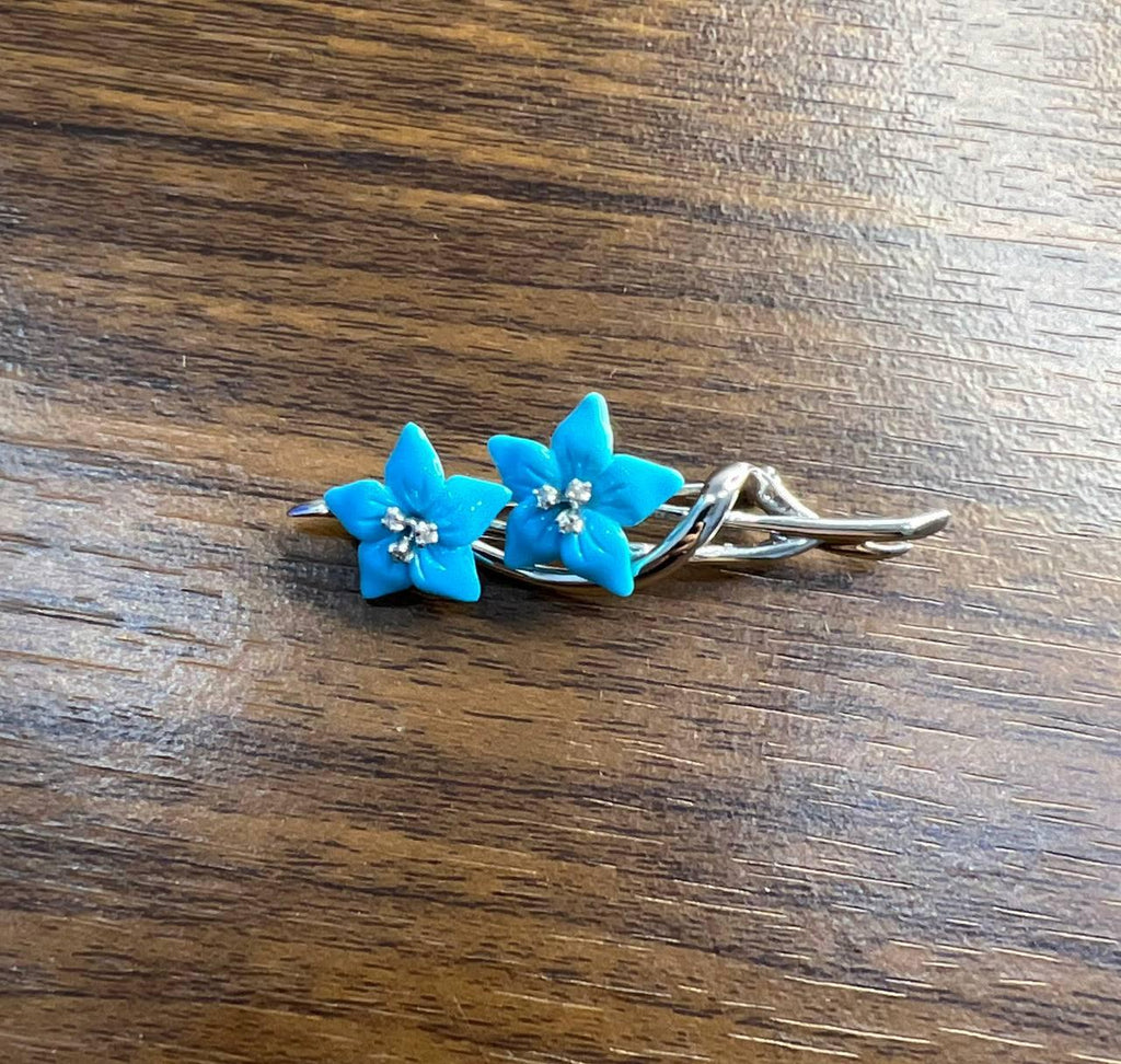 Teal Blue Turquoise Caved Floral Flower Diamonds 14K White Gold Pin Brooch