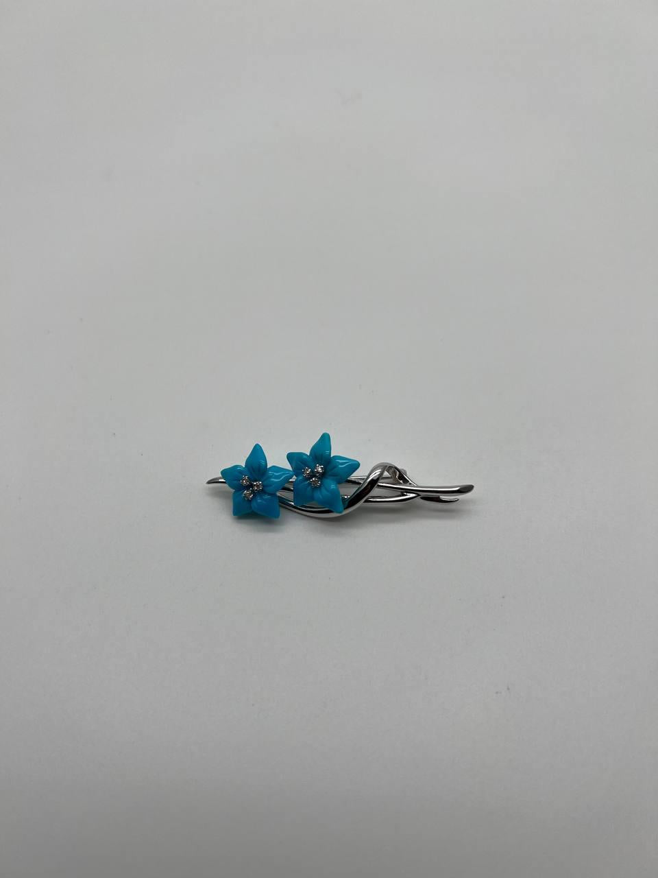 Teal Blue Turquoise Caved Floral Flower Diamonds 14K White Gold Pin Brooch