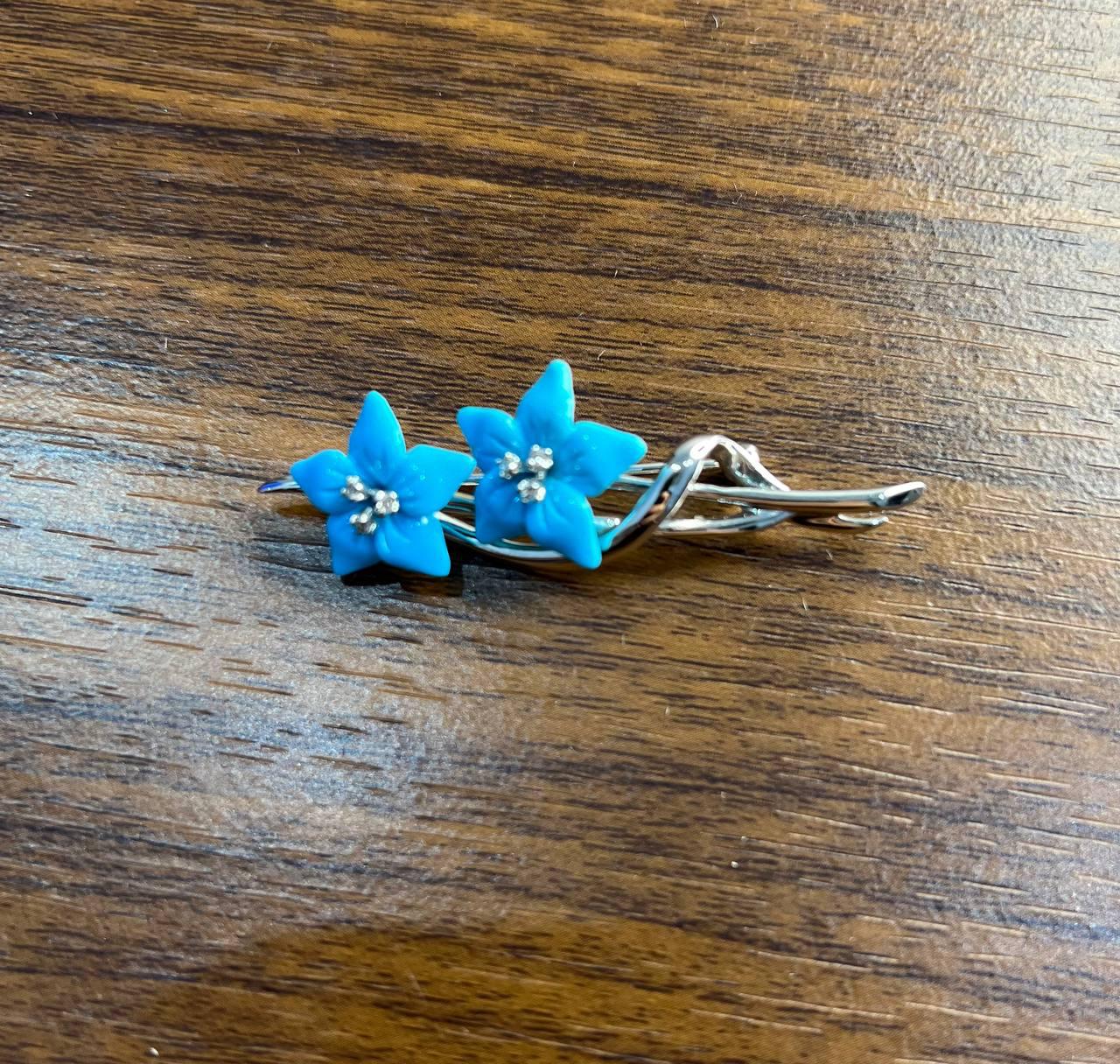 Teal Blue Turquoise Caved Floral Flower Diamonds 14K White Gold Pin Brooch