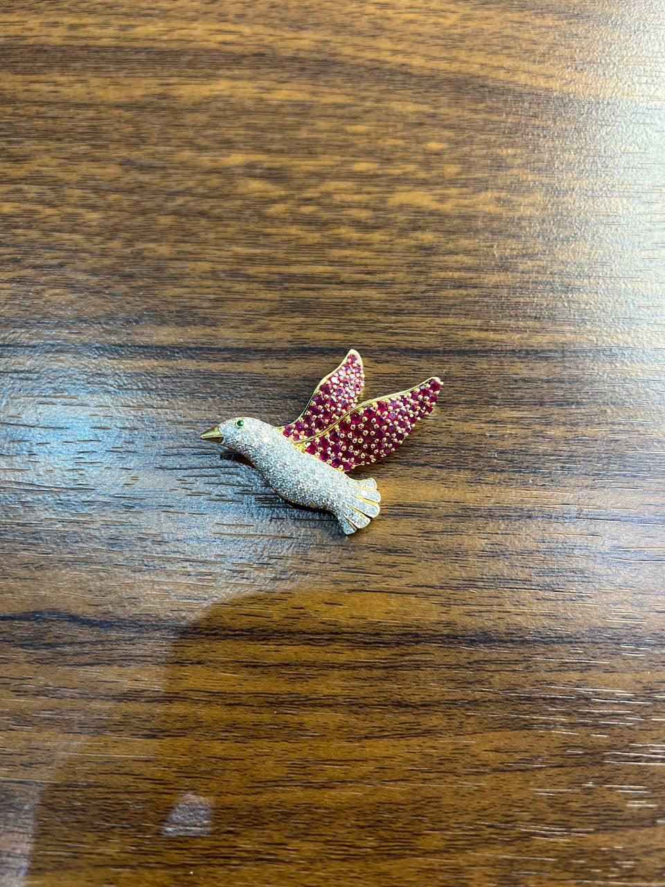 Pigeon Bird Peace Red Pink Ruby Rubies Diamonds Pave 14K Gold Pin Brooch