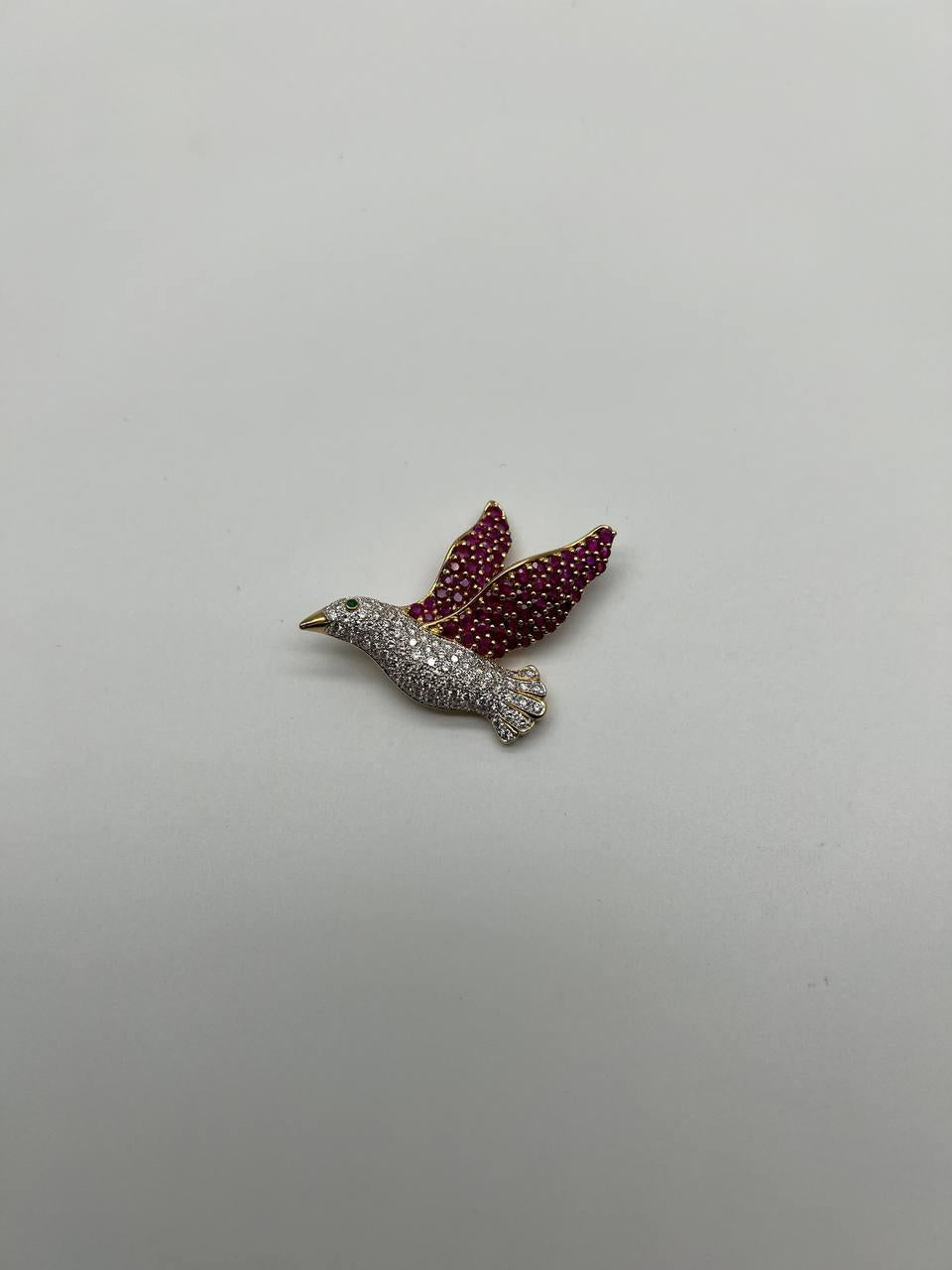 Pigeon Bird Peace Red Pink Ruby Rubies Diamonds Pave 14K Gold Pin Brooch
