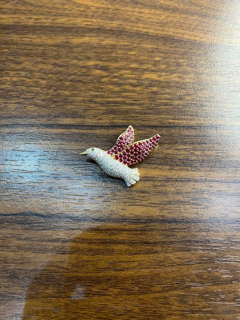 Pigeon Bird Peace Red Pink Ruby Rubies Diamonds Pave 14K Gold Pin Brooch