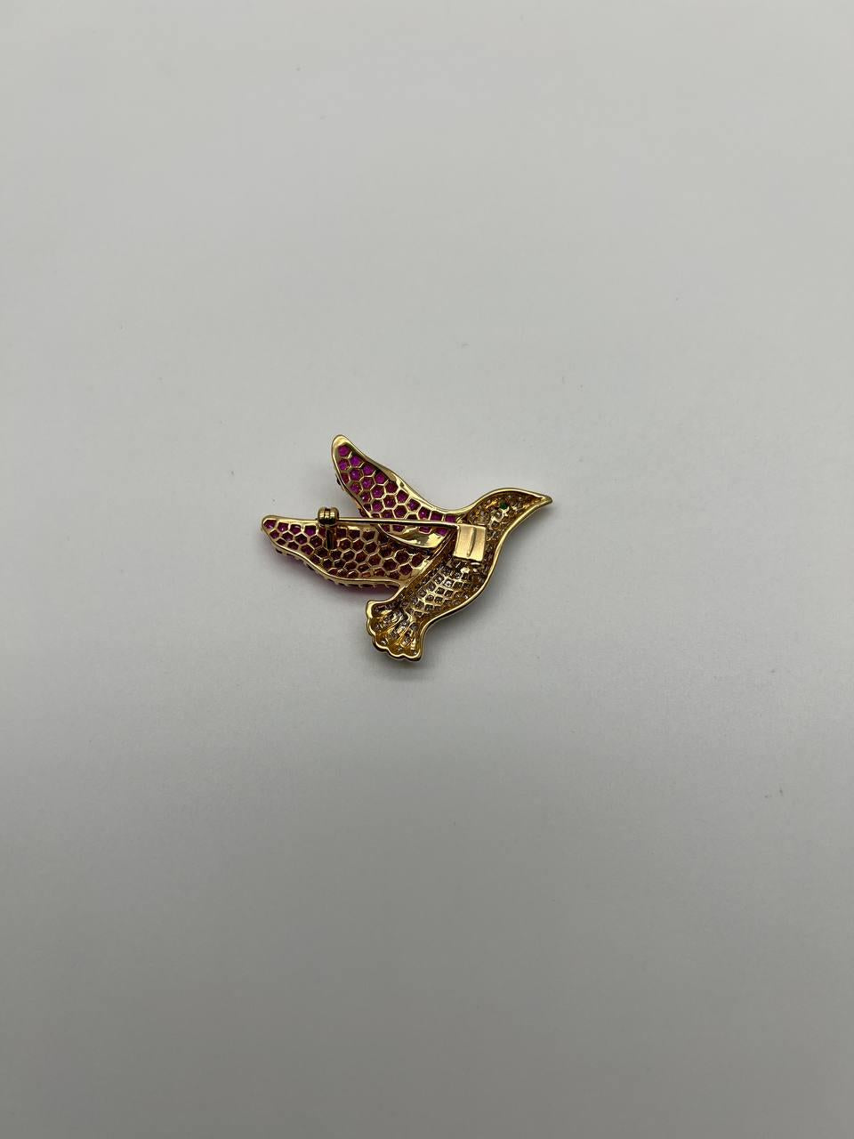 Pigeon Bird Peace Red Pink Ruby Rubies Diamonds Pave 14K Gold Pin Brooch