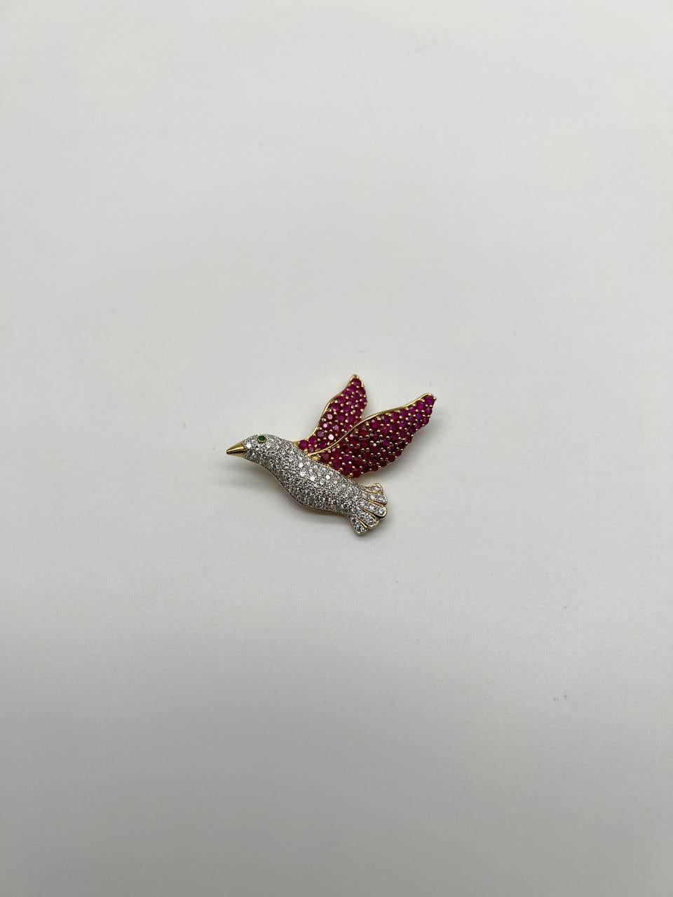 Pigeon Bird Peace Red Pink Ruby Rubies Diamonds Pave 14K Gold Pin Brooch