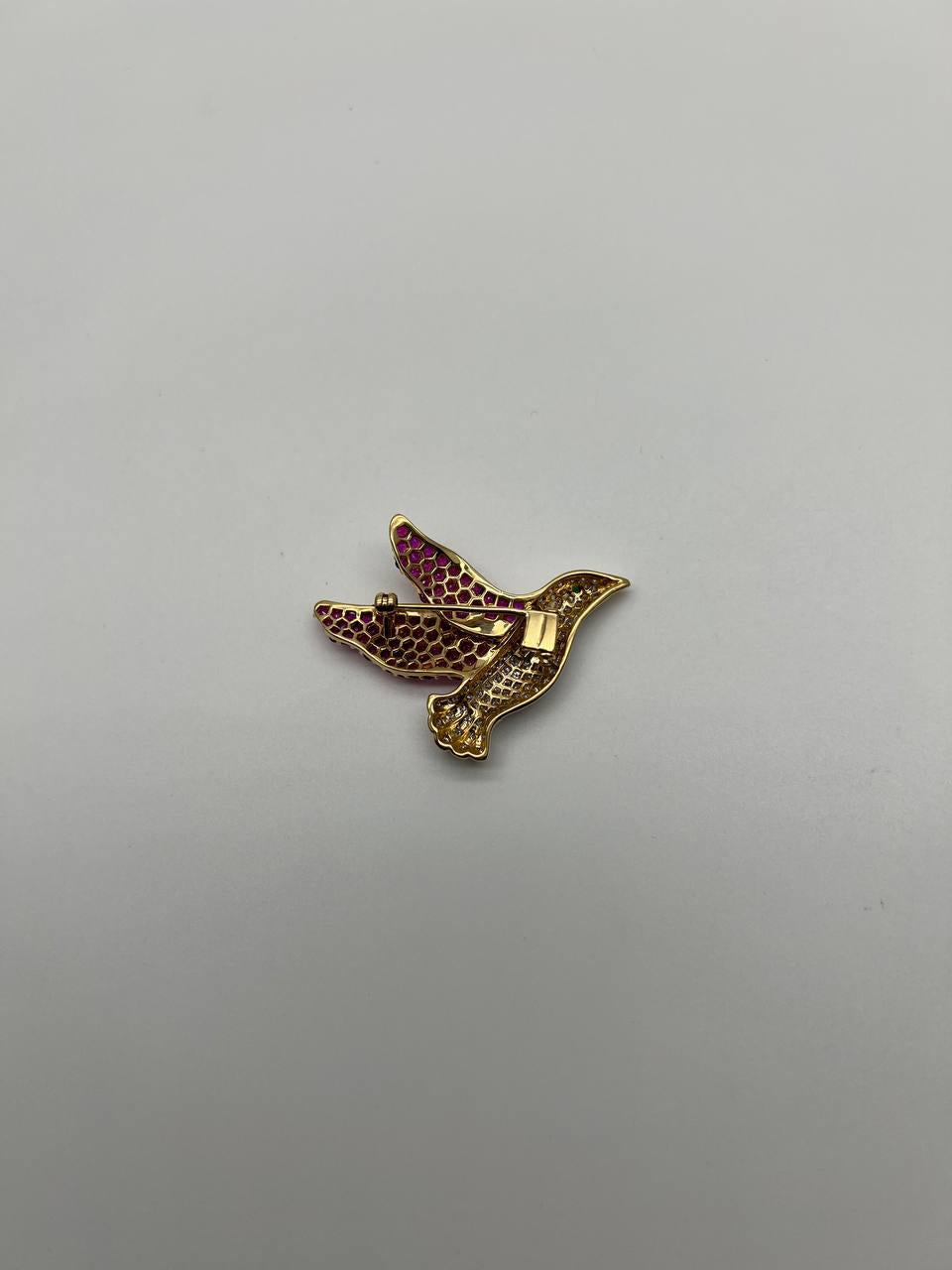 Pigeon Bird Peace Red Pink Ruby Rubies Diamonds Pave 14K Gold Pin Brooch