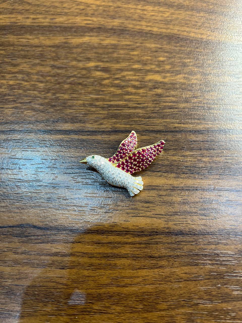 Pigeon Bird Peace Red Pink Ruby Rubies Diamonds Pave 14K Gold Pin Brooch