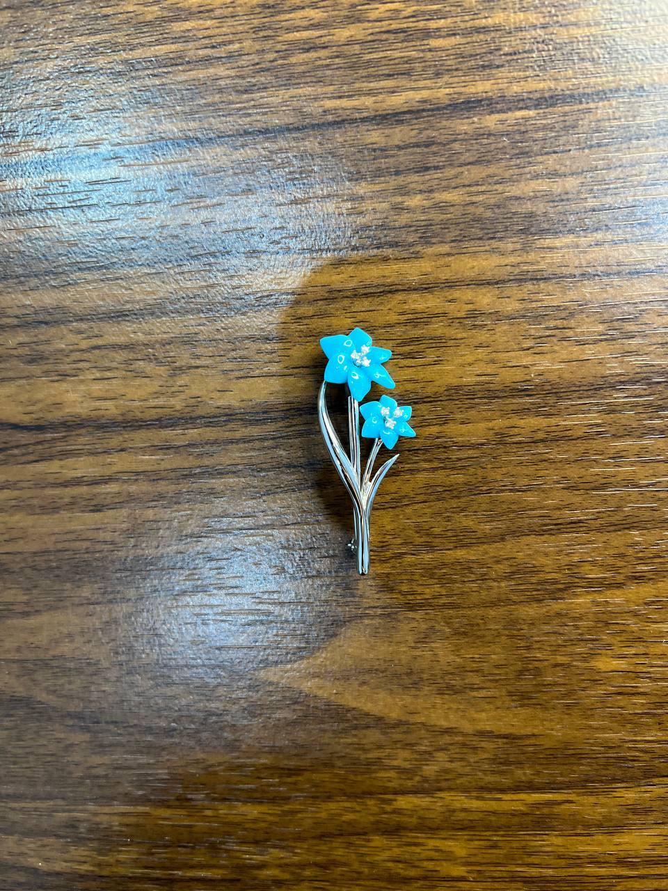 Teal Blue Turquoise Caved Floral Flower Diamonds 14K White Gold Pin Brooch