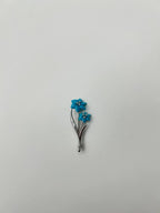 Teal Blue Turquoise Caved Floral Flower Diamonds 14K White Gold Pin Brooch