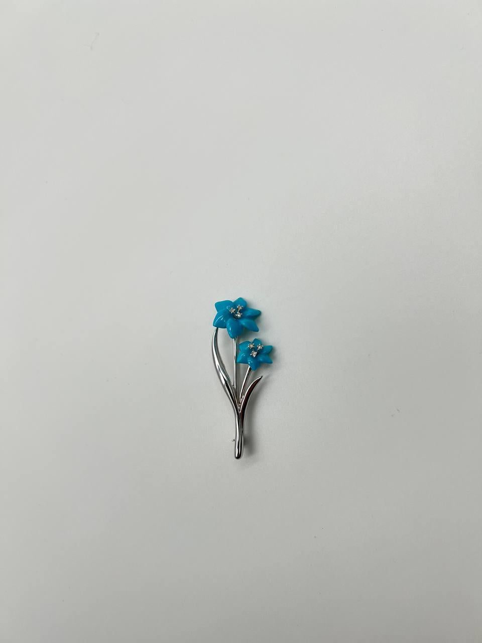 Teal Blue Turquoise Caved Floral Flower Diamonds 14K White Gold Pin Brooch