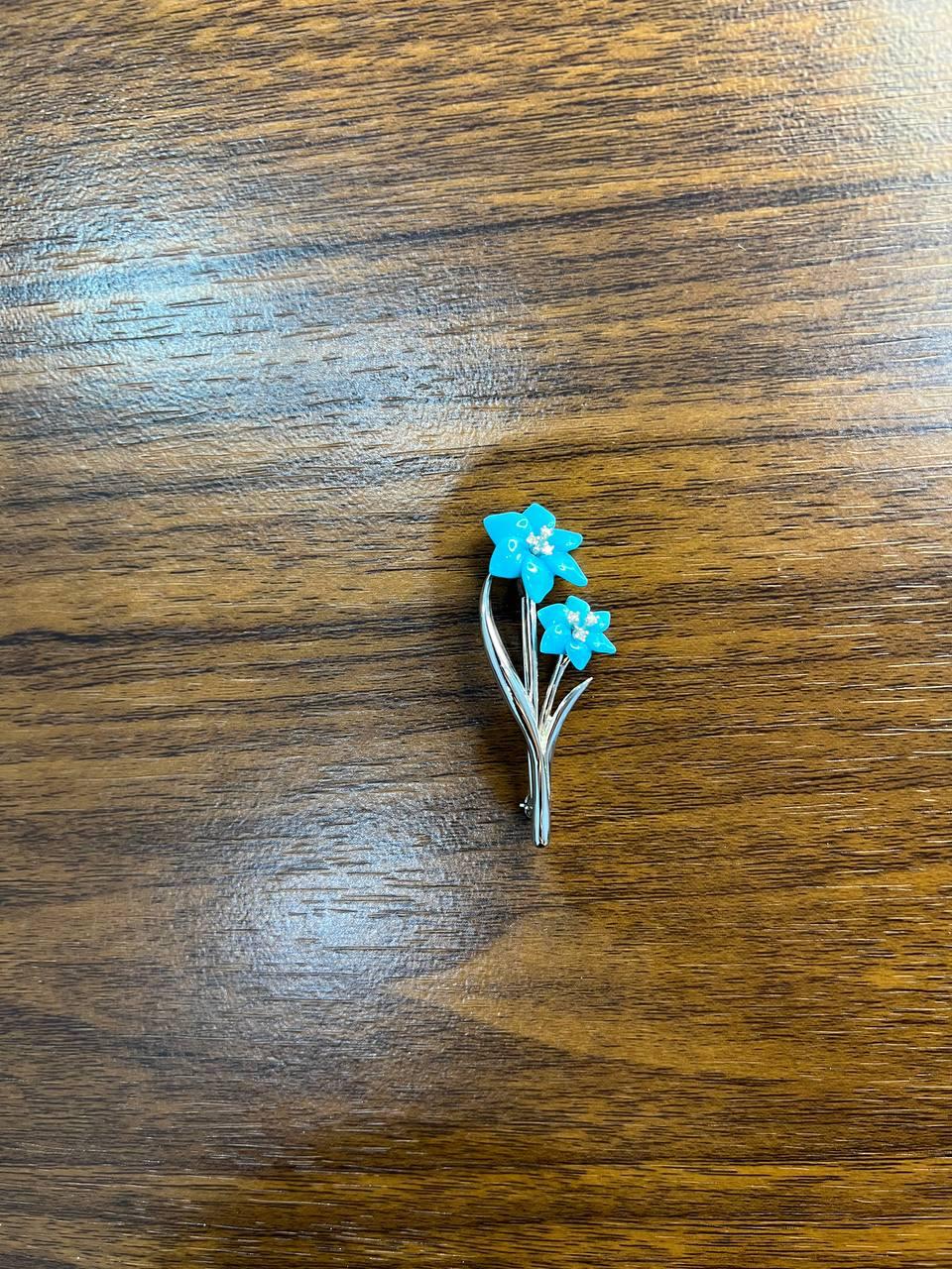 Teal Blue Turquoise Caved Floral Flower Diamonds 14K White Gold Pin Brooch