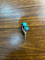 Teal Blue Turquoise Caved Floral Flower Diamonds 14K White Gold Pin Brooch