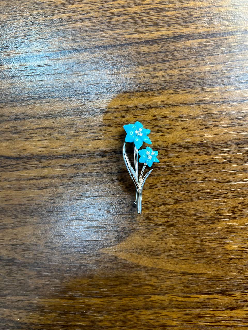 Teal Blue Turquoise Caved Floral Flower Diamonds 14K White Gold Pin Brooch