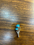 Teal Blue Turquoise Caved Floral Flower Diamonds 14K White Gold Pin Brooch