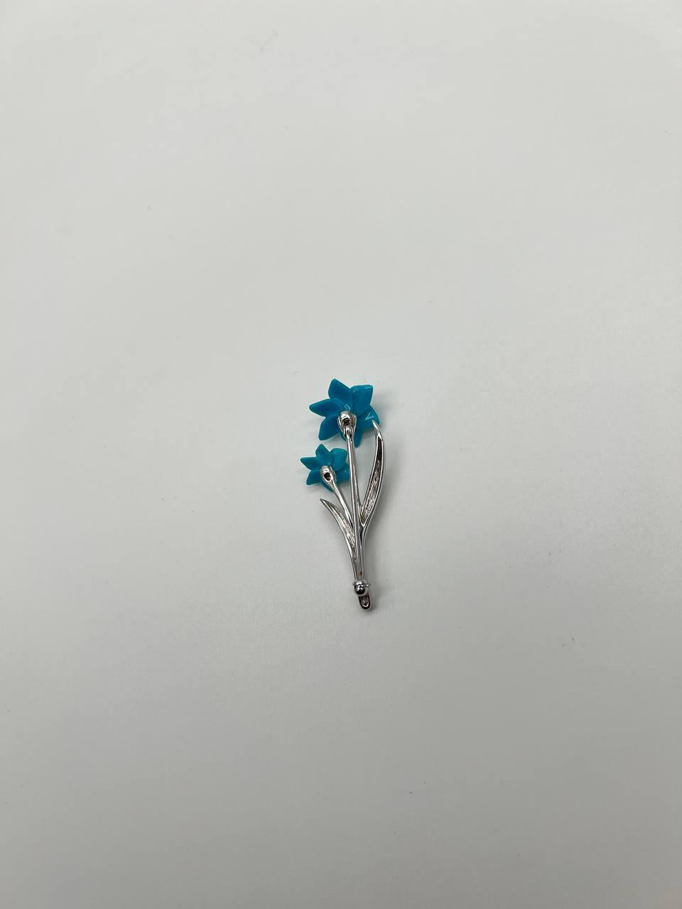 Teal Blue Turquoise Caved Floral Flower Diamonds 14K White Gold Pin Brooch
