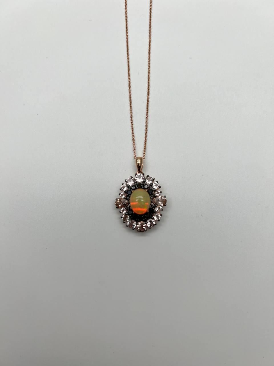 White Yellow Opal Black Diamond Halo Peach Morganite Rose Gold Pendant Necklace
