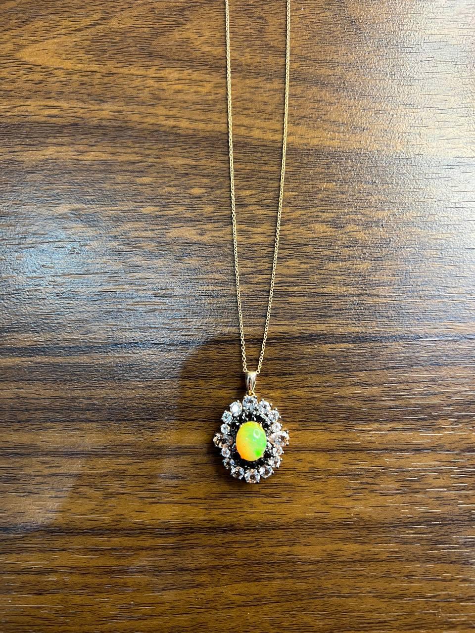 White Yellow Opal Black Diamond Halo Peach Morganite Rose Gold Pendant Necklace