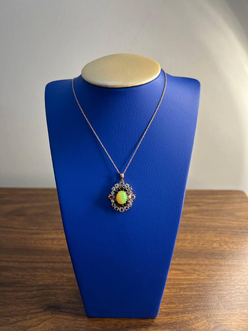 White Yellow Opal Black Diamond Halo Peach Morganite Rose Gold Pendant Necklace