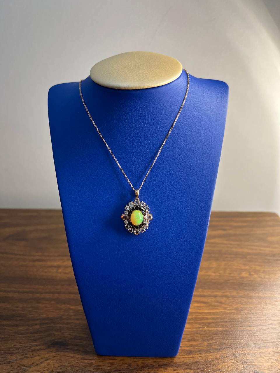 White Yellow Opal Black Diamond Halo Peach Morganite Rose Gold Pendant Necklace