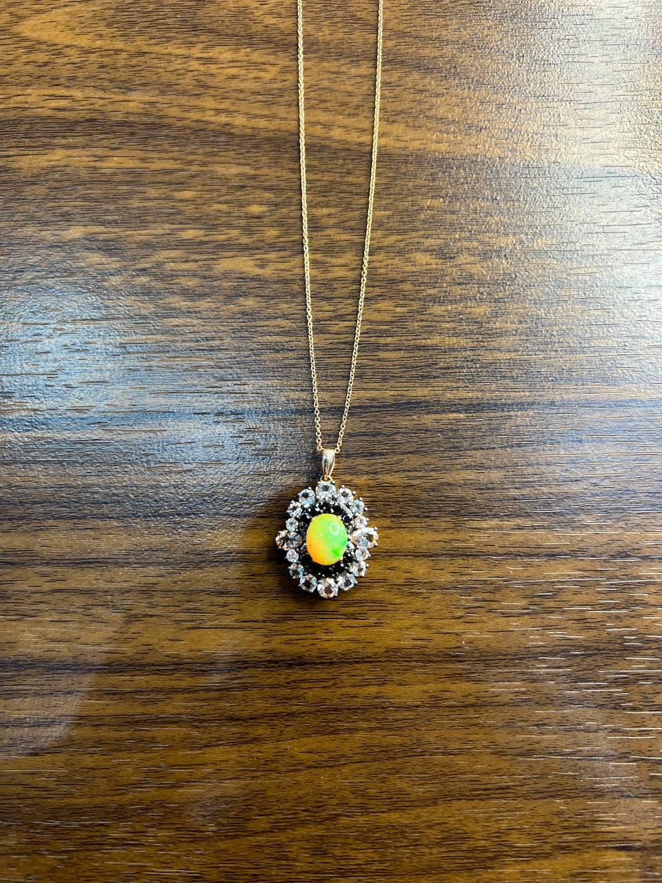 White Yellow Opal Black Diamond Halo Peach Morganite Rose Gold Pendant Necklace