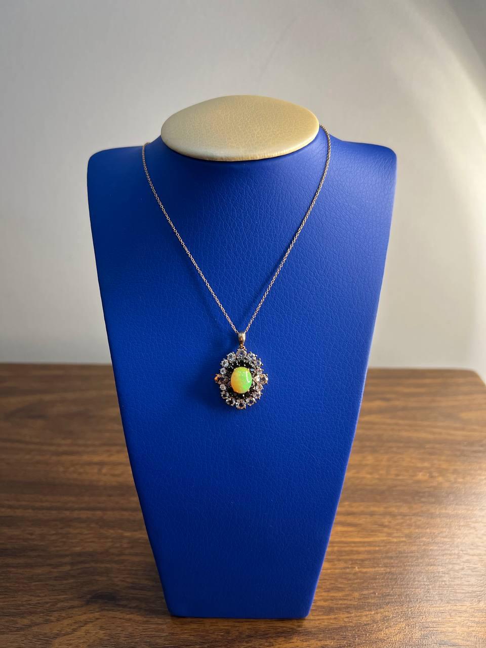 White Yellow Opal Black Diamond Halo Peach Morganite Rose Gold Pendant Necklace