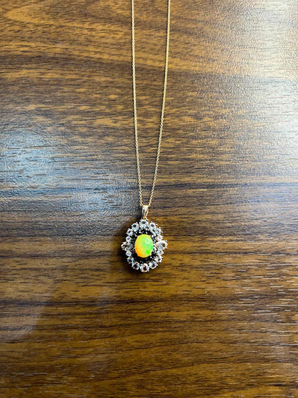 White Yellow Opal Black Diamond Halo Peach Morganite Rose Gold Pendant Necklace