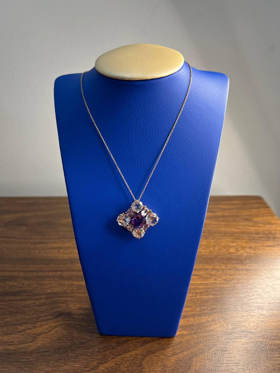 Cushion Purple Amethyst White Light Blue Gemstone 14K Rose Gold Pendant Necklace