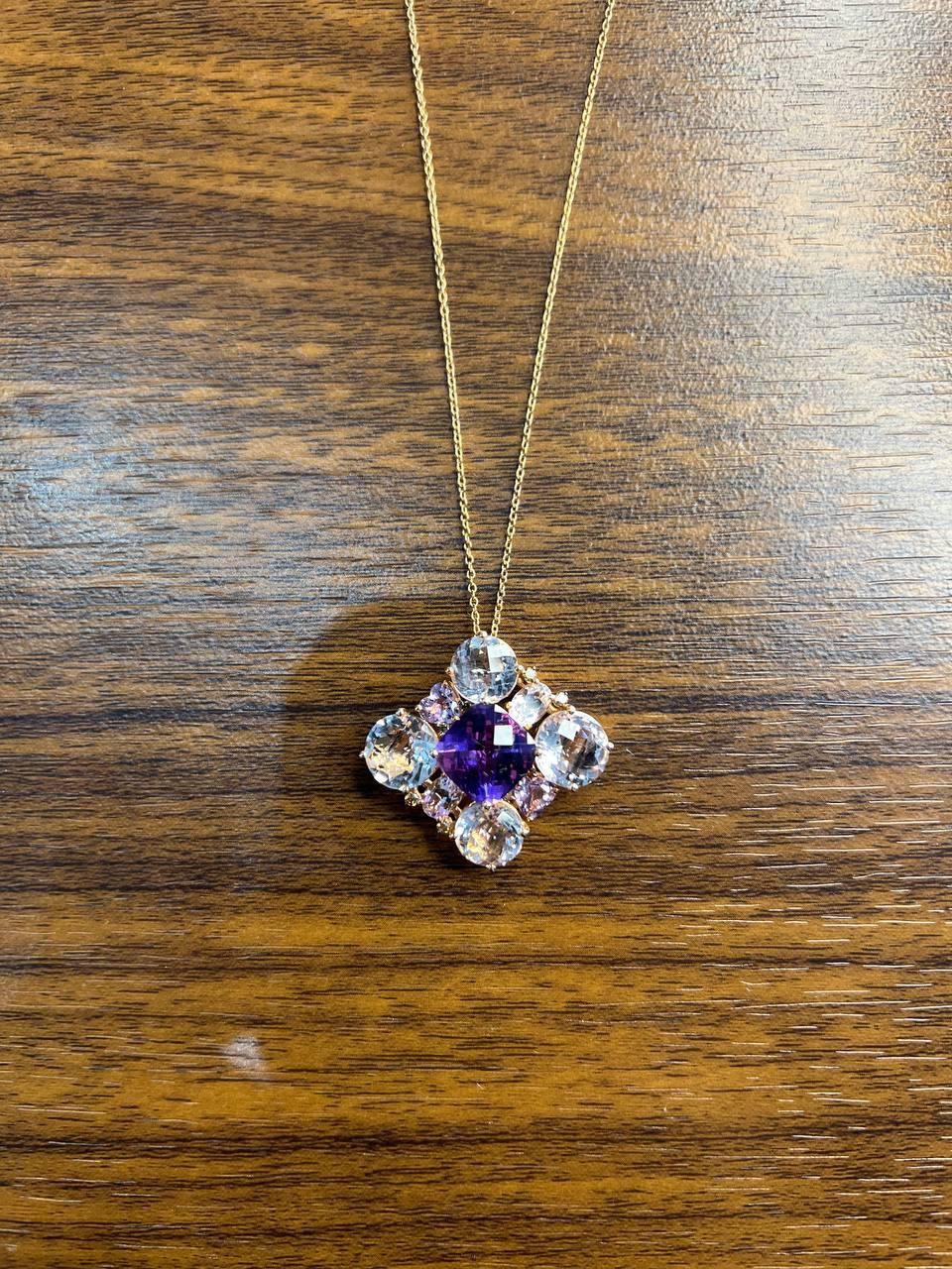 Cushion Purple Amethyst White Light Blue Gemstone 14K Rose Gold Pendant Necklace