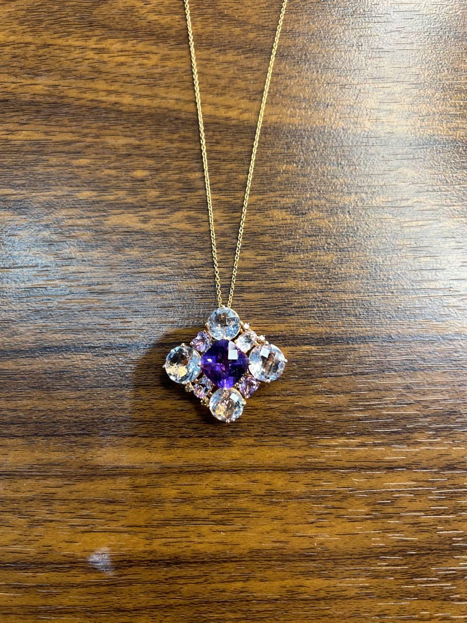 Cushion Purple Amethyst White Light Blue Gemstone 14K Rose Gold Pendant Necklace