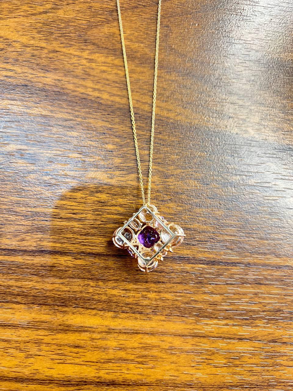 Cushion Purple Amethyst White Light Blue Gemstone 14K Rose Gold Pendant Necklace