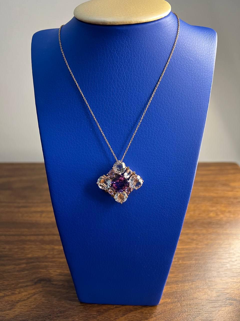 Cushion Purple Amethyst White Light Blue Gemstone 14K Rose Gold Pendant Necklace