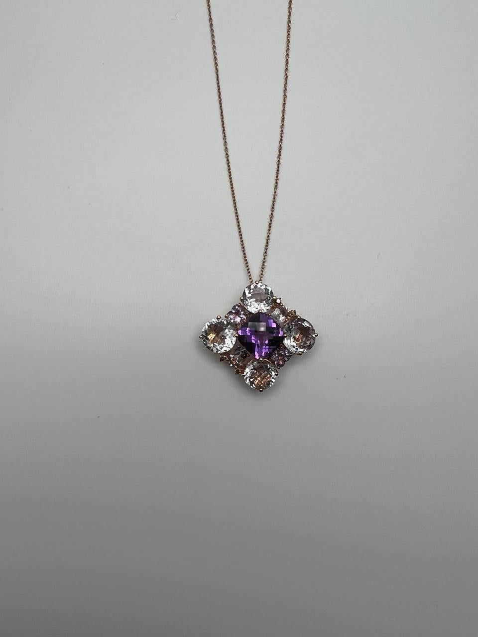 Cushion Purple Amethyst White Light Blue Gemstone 14K Rose Gold Pendant Necklace