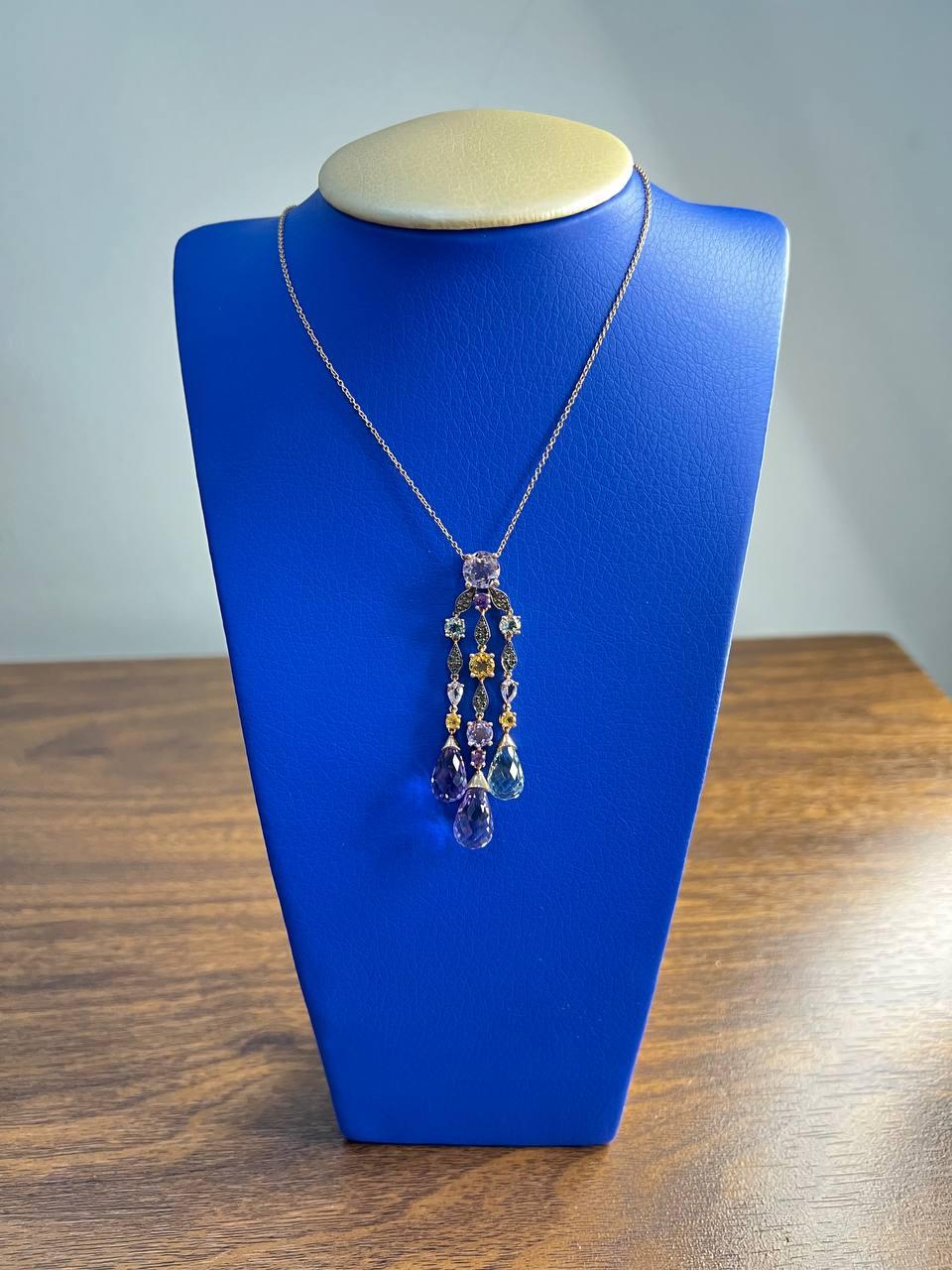 Violet Amethyst Blue Topaz Citrine Green Prasiolite Rose Gold Pendant Necklace