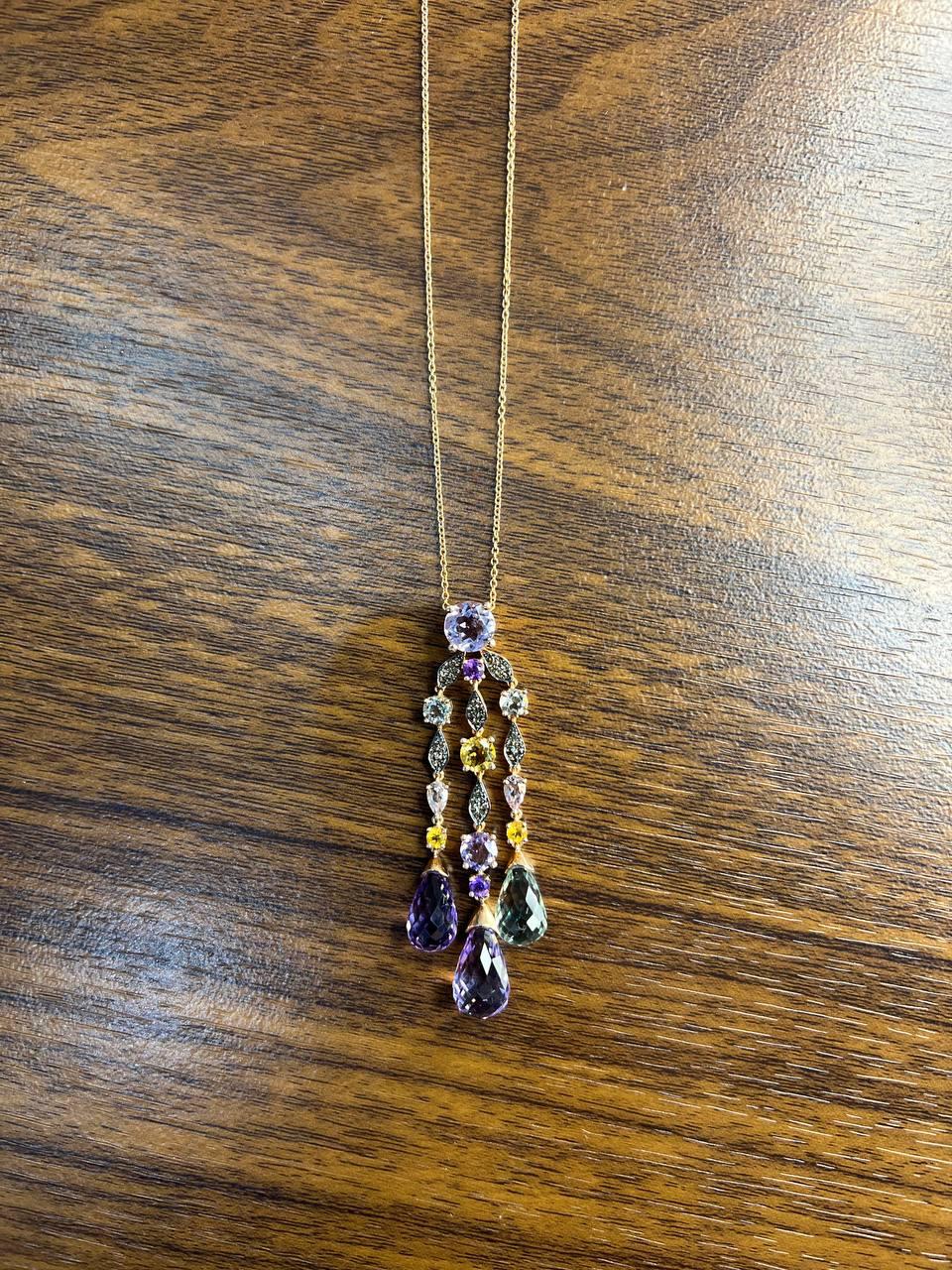 Violet Amethyst Blue Topaz Citrine Green Prasiolite Rose Gold Pendant Necklace