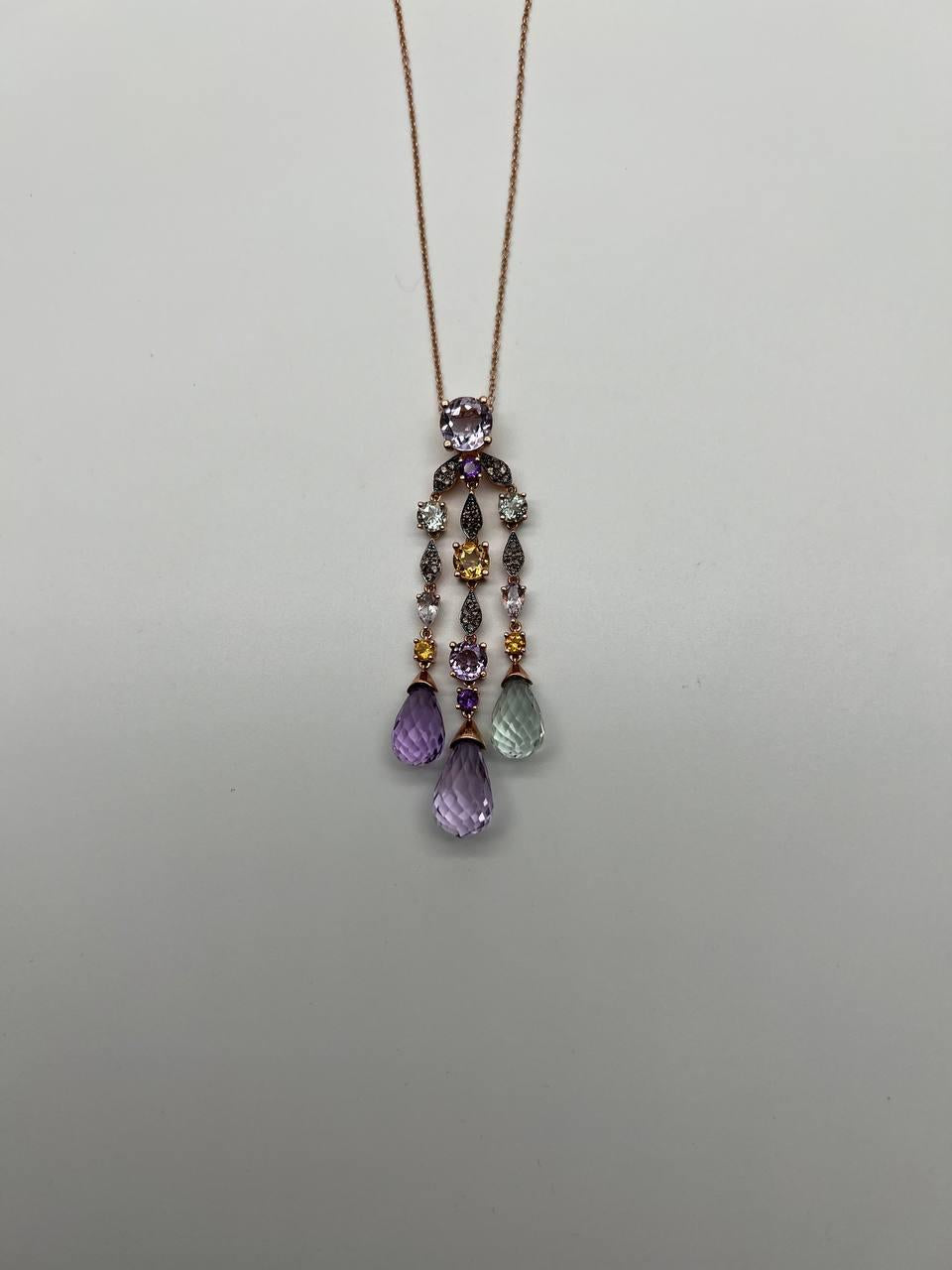 Violet Amethyst Blue Topaz Citrine Green Prasiolite Rose Gold Pendant Necklace