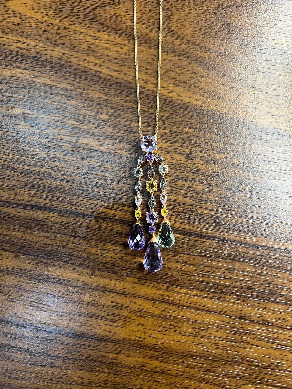 Violet Amethyst Blue Topaz Citrine Green Prasiolite Rose Gold Pendant Necklace