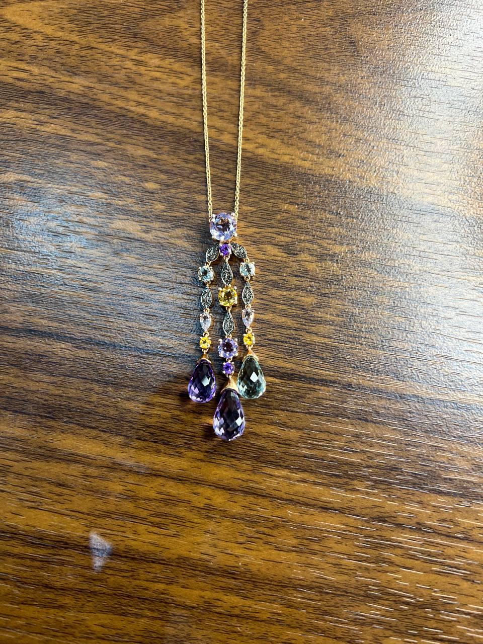 Violet Amethyst Blue Topaz Citrine Green Prasiolite Rose Gold Pendant Necklace