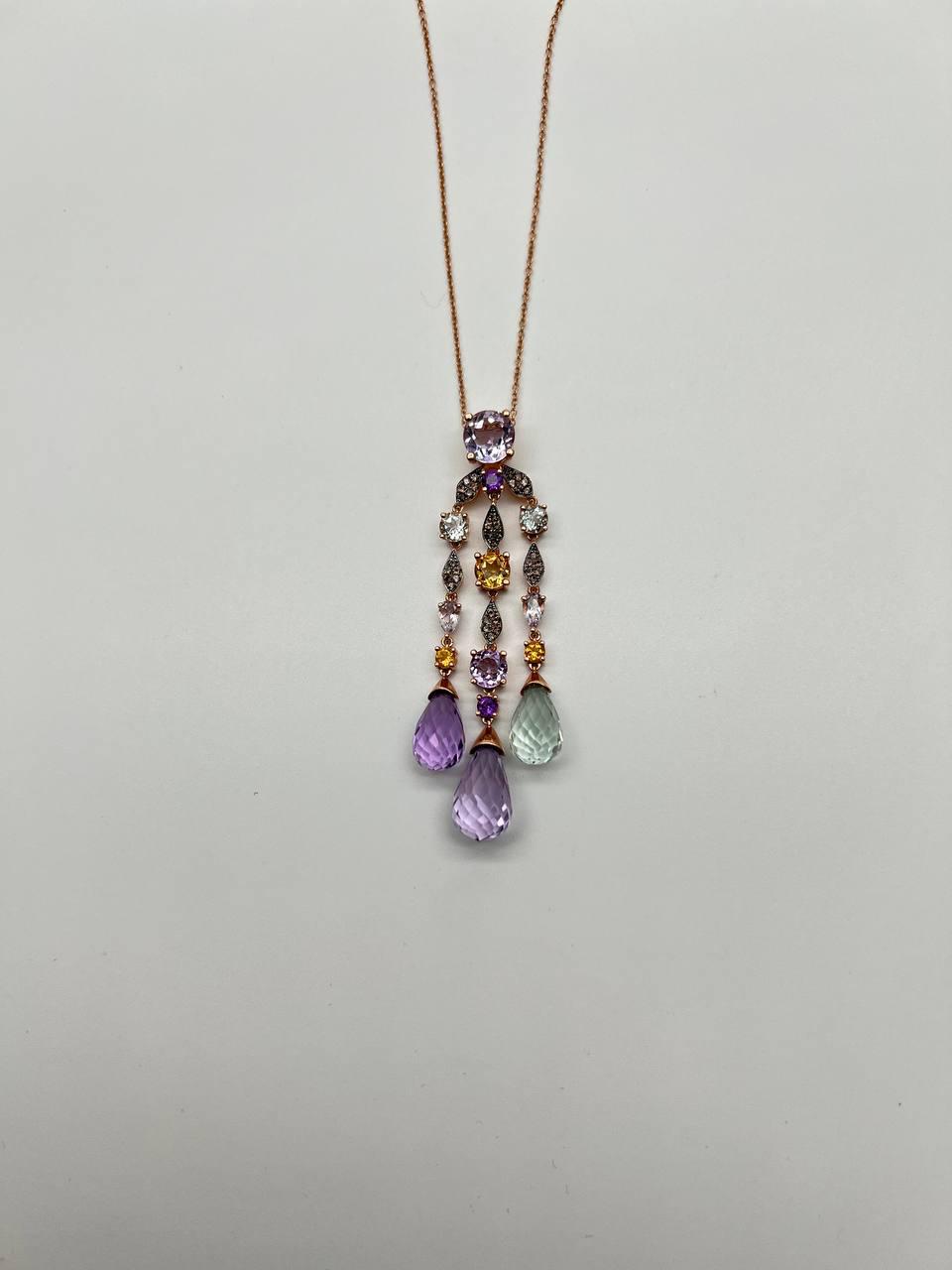 Violet Amethyst Blue Topaz Citrine Green Prasiolite Rose Gold Pendant Necklace