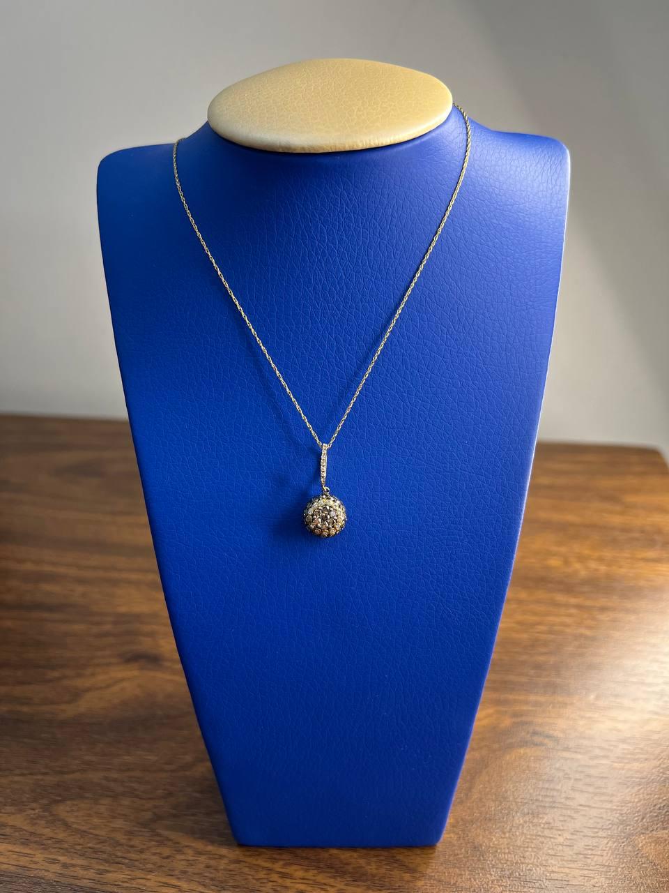 Cluster Halo of Cognac Champagne Fancy Diamonds 14K Gold Chain Pendant Necklace