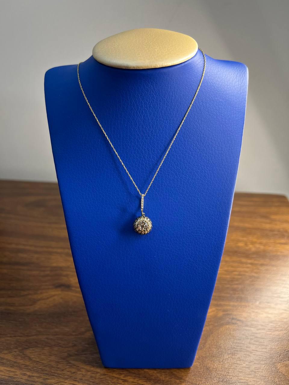 Cluster Halo of Cognac Champagne Fancy Diamonds 14K Gold Chain Pendant Necklace