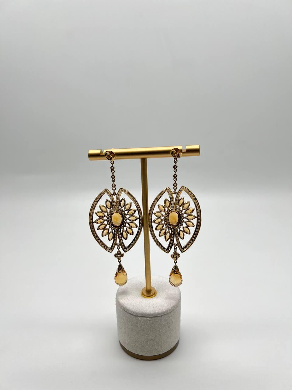 Orange Amber Citrine Black Brown Diamond Halo 14K Yellow Gold Statement Earrings