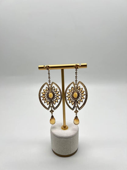 Orange Amber Citrine Black Brown Diamond Halo 14K Yellow Gold Statement Earrings