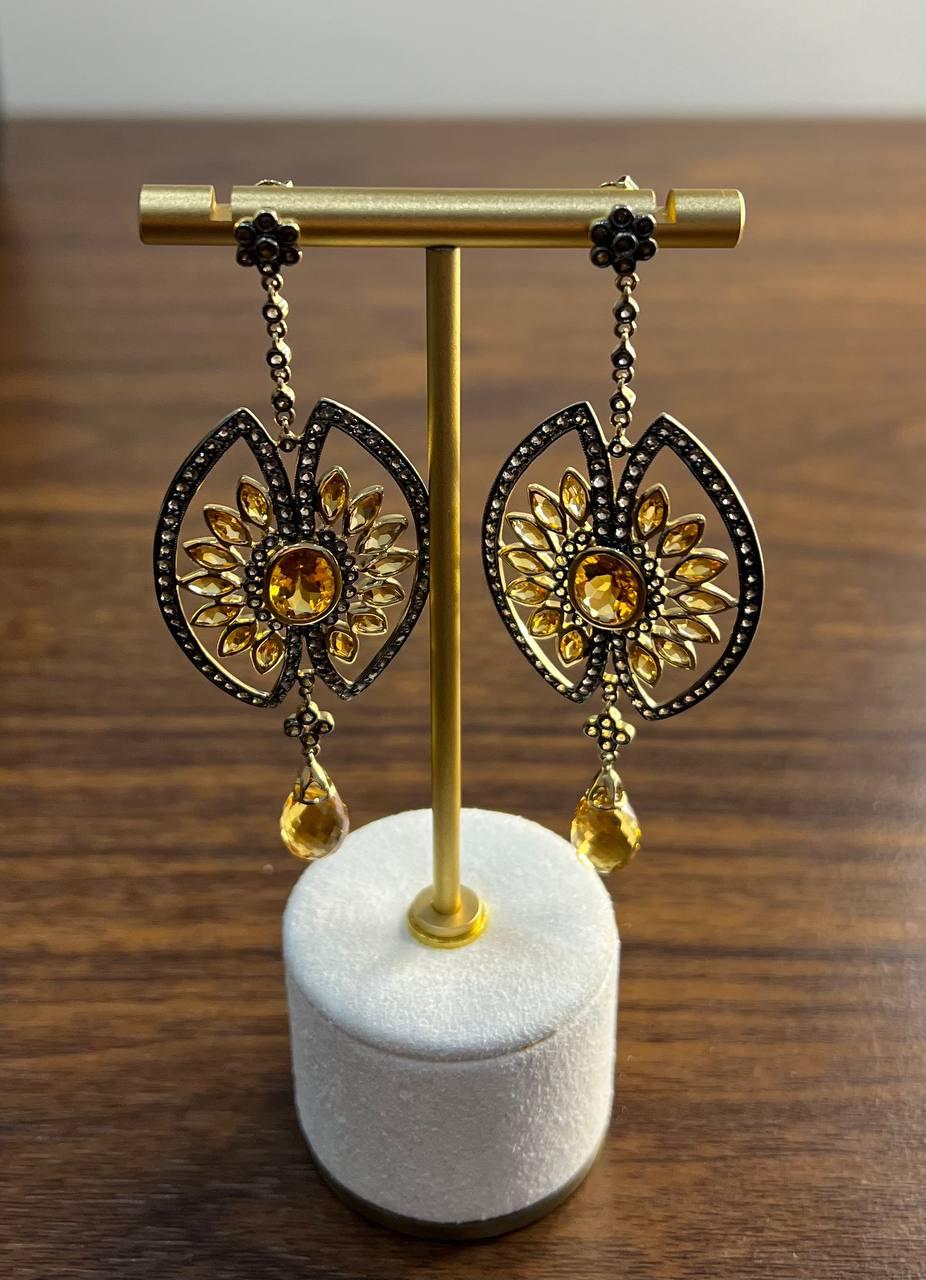 Orange Amber Citrine Black Brown Diamond Halo 14K Yellow Gold Statement Earrings